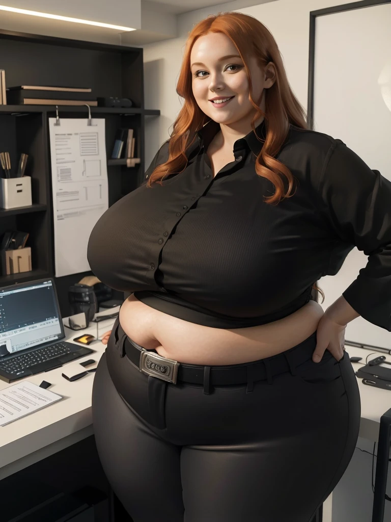 An happy and excited photo of a Beautiful ginger architect BBW, with long wavy light Brownish-ginger hair, with big soft fat belly, thicc fat arms, thicc wide legs, big breast, in black pants, long black shirt tucked in her pants, black belt and black blouse in her new modern architect office with building models and blueprints