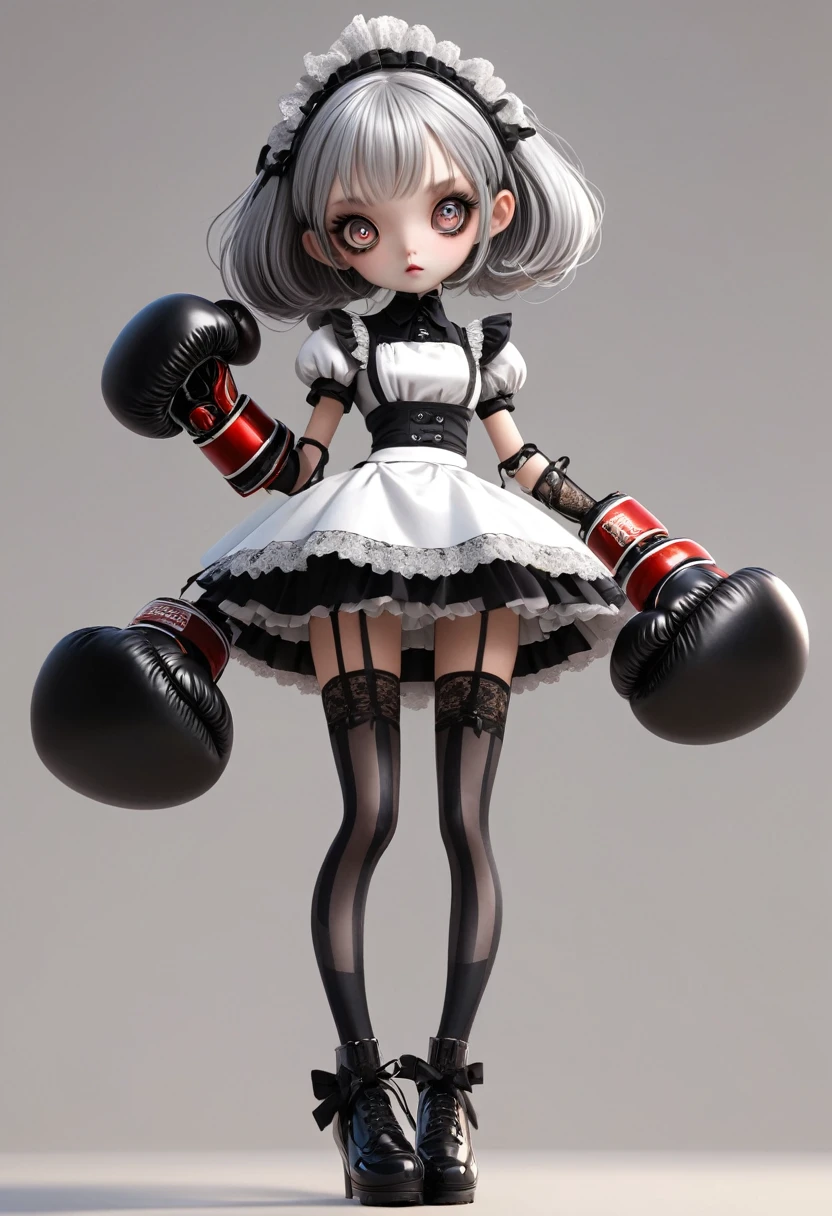 1 Girl，Robot，Unique，big eyes，Exquisite facial features，Dark eyeshadow，Weird makeup，Lace maid outfit，Silver hair，Thin waist，Extra long legs，Standing，upright，sock，shoe，Boxing gloves