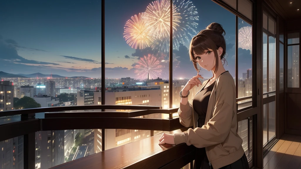 (Very detailed,High resolution,masterpiece:1.2)Night view from the balcony or terrace of a high-rise apartment building in Japan, You can see big fireworks。 Focus on women in their 20s to 40s with calm expressions. Light brown hair. She is wearing a jacket over a long-sleeved top.、Earring Accessories, bracelet, clock. .(Highest quality:1.2), Very detailed, High resolution, Tabletop:1,2, Vibrant colors, Bokeh, Professional Lighting, Physically Based Rendering, Flat Color:0.8, Fine 図, Realistic:1.37, Shinkai Makoto style, Your name style, Light brown hair, Elegant update,ponytail,Hair Bun。。(masterpiece: 1,2)、(masterpiece: 1,2)、High resolution、超High resolution、Highest quality、High resolution、