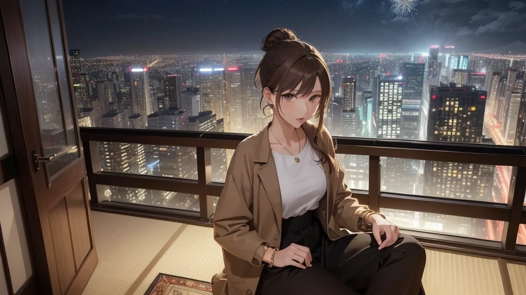 (Very detailed,High resolution,masterpiece:1.2）Night view from the balcony or terrace of a high-rise apartment building in Japan, You can see big fireworks。 Focus on women in their 20s to 40s with calm expressions. Light brown hair. She is wearing a jacket over a long-sleeved top.、Earring Accessories, bracelet, clock. .(Highest quality:1.2), Very detailed, High resolution, Tabletop:1,2, Vibrant colors, Bokeh, Professional Lighting, Physically Based Rendering, Flat Color:0.8, Fine 図, Realistic:1.37, Shinkai Makoto style, Your name style, Light brown hair, Elegant update,ponytail,Hair Bun。。(masterpiece: 1,2)、(masterpiece: 1,2)、High resolution、超High resolution、Highest quality、High resolution、