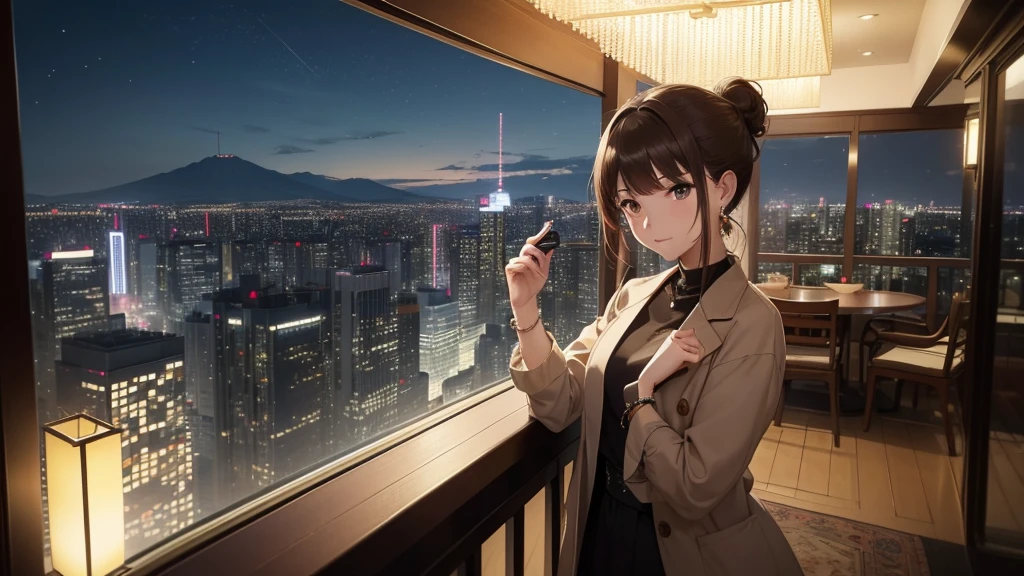 (Very detailed,High resolution,masterpiece:1.2)Night view from the balcony or terrace of a high-rise apartment building in Japan, You can see big fireworks。 Focus on women in their 20s to 40s with calm expressions. Light brown hair. She is wearing a jacket over a long-sleeved top.、Earring Accessories, bracelet, clock. .(Highest quality:1.2), Very detailed, High resolution, Tabletop:1,2, Vibrant colors, Bokeh, Professional Lighting, Physically Based Rendering, Flat Color:0.8, Fine 図, Realistic:1.37, Shinkai Makoto style, Your name style, Light brown hair, Elegant update,ponytail,Hair Bun。。(masterpiece: 1,2)、(masterpiece: 1,2)、High resolution、超High resolution、Highest quality、High resolution、