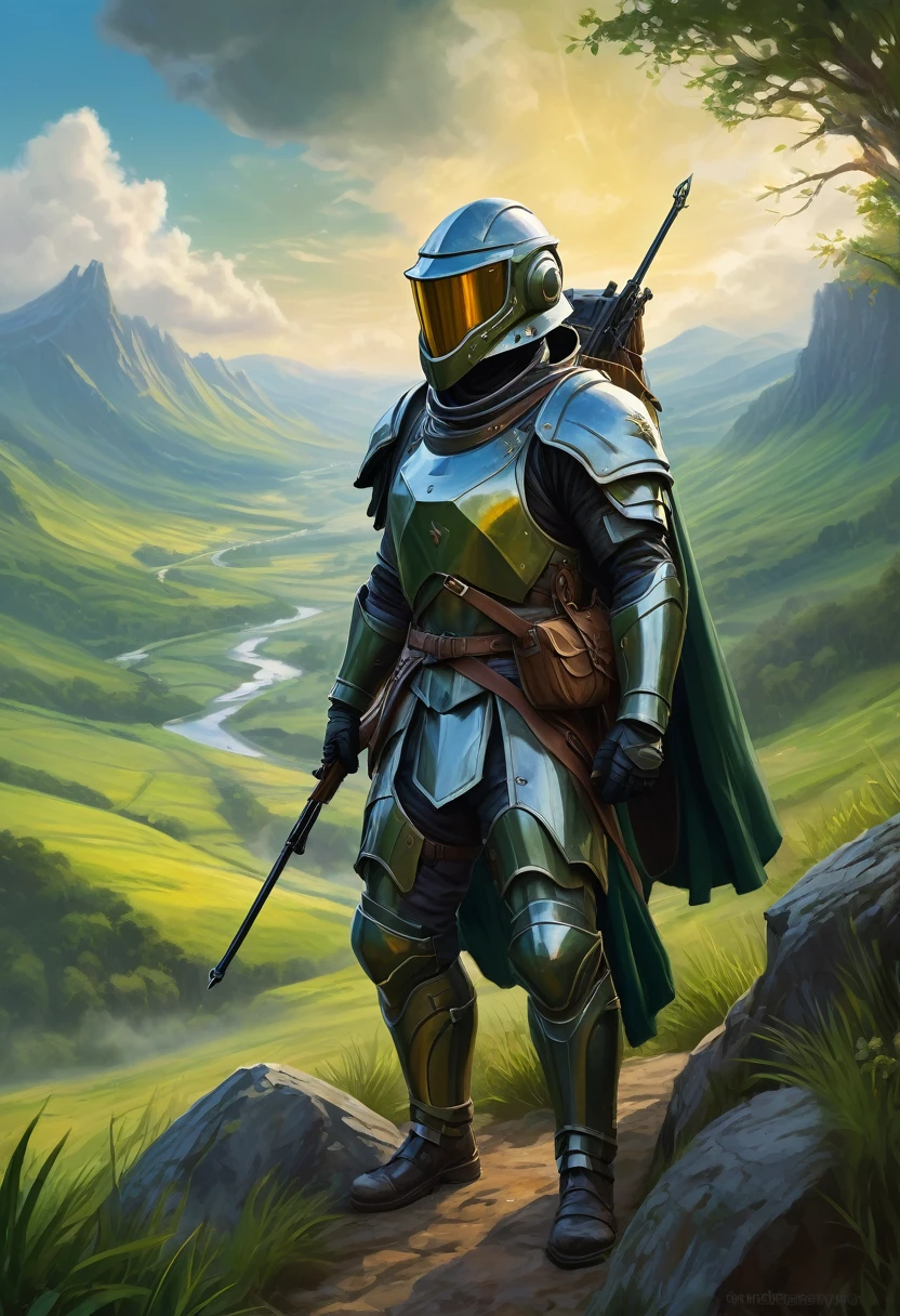 an acrylic painting of a special force suit nondescript soldier, helmet hides any indistinguishable features, carries a billowing cloak, medieval d&d art, game concept art, crossbow, artificer,magic, in the background there is majestic landscapes, immersive atmospheres, epic vistas, lush environments, intense ambiance, haunting beauty and enthralling cinematics
