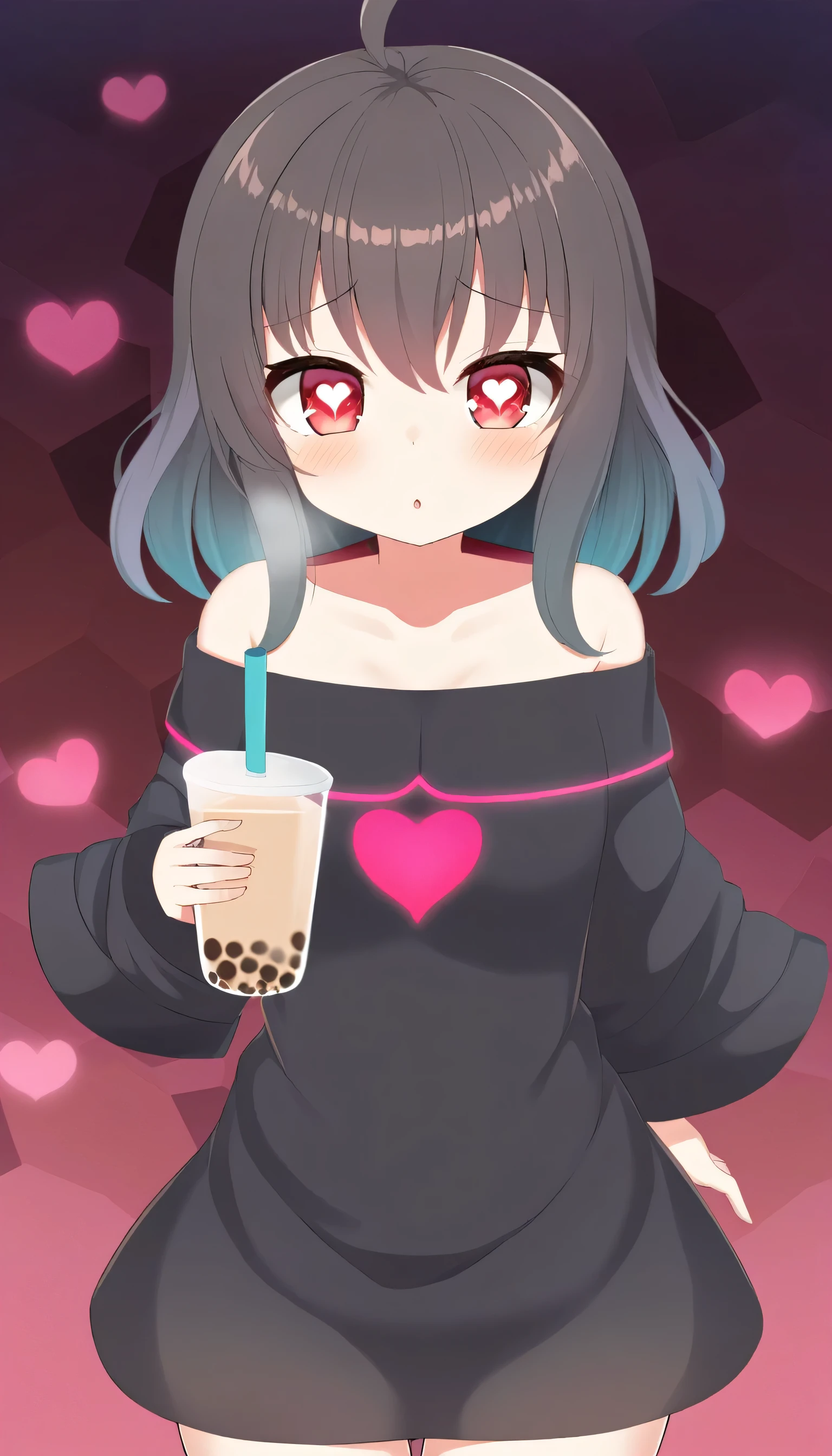 high quality、neon color palette、High-level image quality、Cute girl、Unprecedented volume、Anime Style、Geometric background、Label Style、wide、Black fur、Red eyes, Heart-shaped pupils., Wavy fur, Until death, Loose-fitting clothing, Black Dress, Red heart-shaped neckline, self-harm, teacher, dark, dark eyes, Blood, Spooky, eroteacher, devilの角, dark circles, neon, Eye fatigue, Bubble tea, We're screwed, Retro, scared, devil, eyeball, Ghost, Horror, Bloodied, colourful Blood, We're screwed