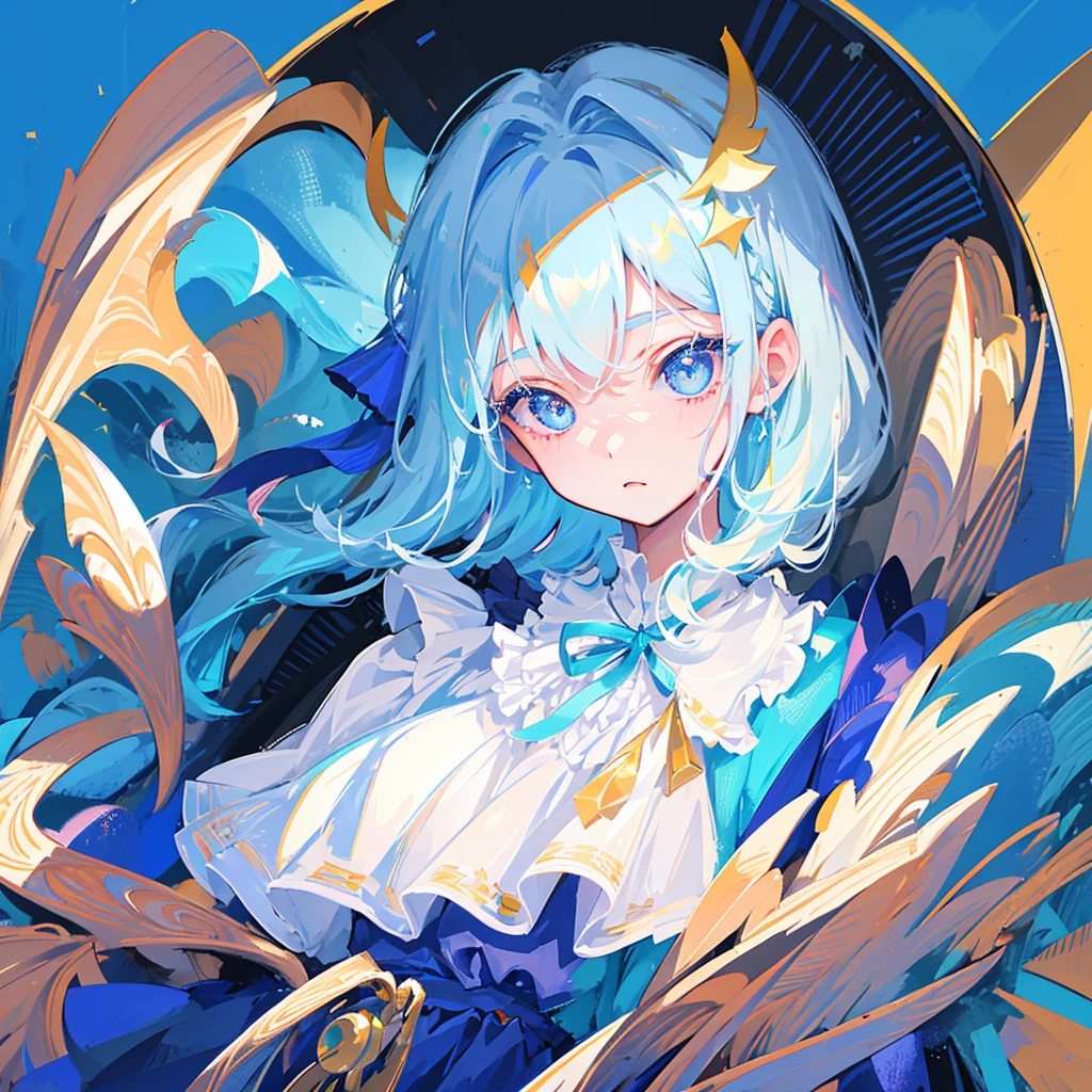 ((Highest quality)), ((masterpiece)), (detailed), Fine Lines, (Big eyes, Droopy eyes, Lower eyelid corners droop), (Light blue hair), ribbon, Frills, Pastel feel, Face close-up, One girl
