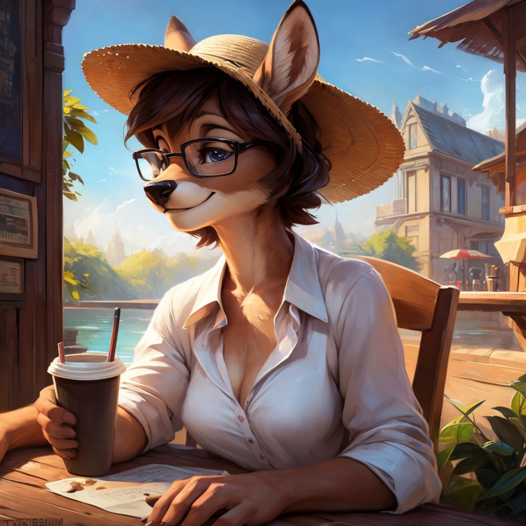 uploaded on e621, by Pixelsketcher, by Bayard Wu, by Thomas Benjamin Kennington , by Einshelm, by hioshiru and kenket, Chunie, portrait, solo anthro female deer doe, tiny featureless breasts, tiny breasts, clear dark blue, cinematic lighting, day, sunny day, sitting outside at a café, café background, french background, old french background, shiny, short curly dark brown hair, short hair, wears big black nerd glasses, very very beautiful furry art, furry art, thoughtful, shiny, feminine, cute face, muzzle, fluffy chest, flawless face, Fallow deer, 1girl, Sakimichan is beautiful, Masterpiece, Wavethesallow Face, shiny, Detailed image, portrait, Detailed image, portrait, wears pure white wide, big blouse, wears beige summer straw hat, shiny, realistic face, perfect anatomy, hourglass body, anthropomorphic deer, happy, very happy, small ears, huge black nerd glasses, wide happy eyes, look at viewer, smiles, big smile, holds big cup of coffee, hourglass body, (furry body:1.1), anthropomorphic deer, small fluffy tail, detailed background, (cute anatomy:1.1), looks into the distance