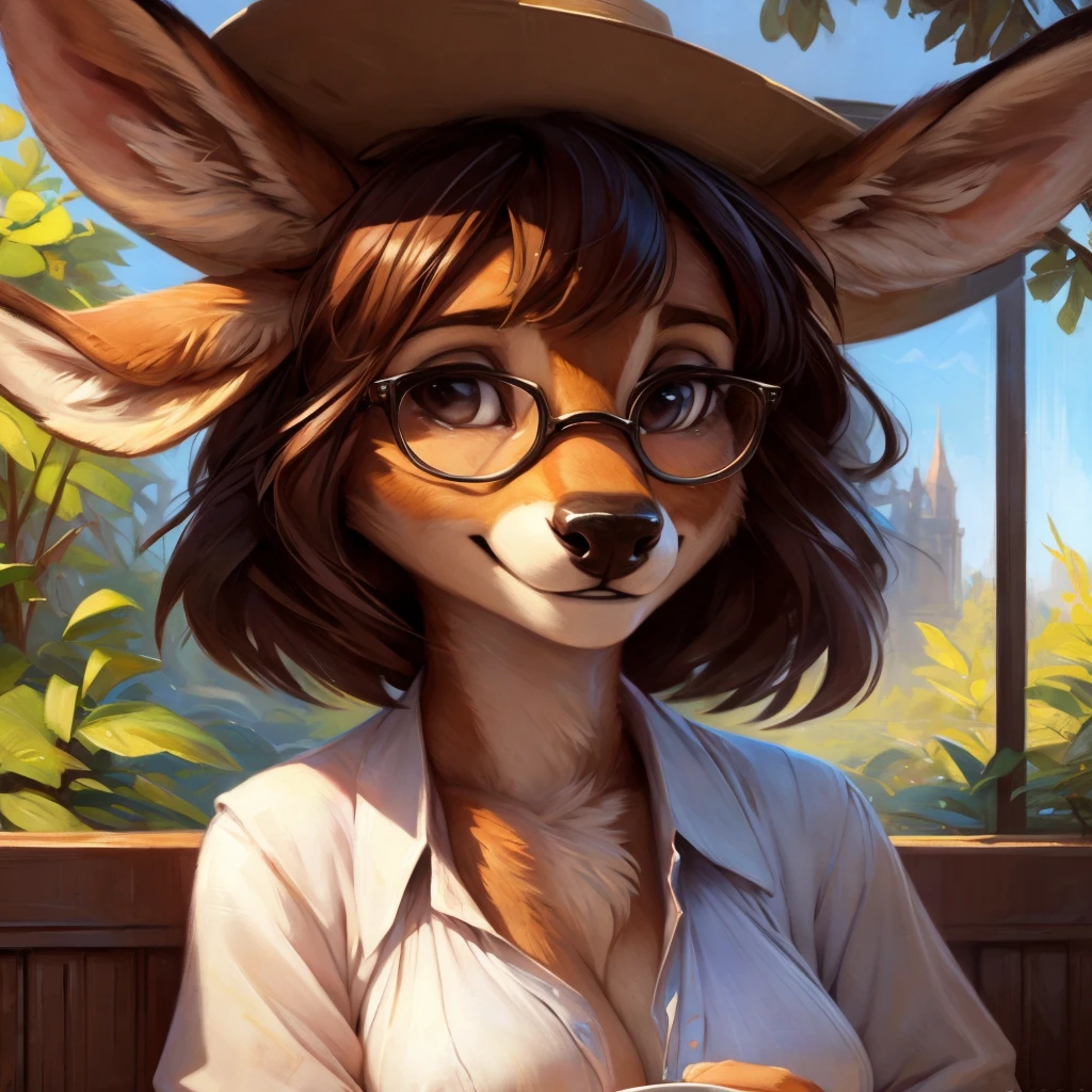 uploaded on e621, by Pixelsketcher, by Bayard Wu, by Thomas Benjamin Kennington , by Einshelm, by hioshiru and kenket, Chunie, portrait, solo anthro female deer doe, tiny featureless breasts, tiny breasts, clear dark blue, cinematic lighting, day, sunny day, sitting outside at a café, café background, french background, old french background, shiny, short curly dark brown hair, short hair, wears big black nerd glasses, very very beautiful furry art, furry art, thoughtful, shiny, feminine, cute face, muzzle, fluffy chest, flawless face, Fallow deer, 1girl, Sakimichan is beautiful, Masterpiece, Wavethesallow Face, shiny, Detailed image, portrait, Detailed image, portrait, wears pure white wide, big blouse, wears beige summer straw hat, shiny, realistic face, perfect anatomy, hourglass body, anthropomorphic deer, happy, very happy, small ears, huge black nerd glasses, wide happy eyes, look at viewer, smiles, big smile, holds big cup of coffee, hourglass body, (furry body:1.1), anthropomorphic deer, small fluffy tail, detailed background, (cute anatomy:1.1), looks into the distance