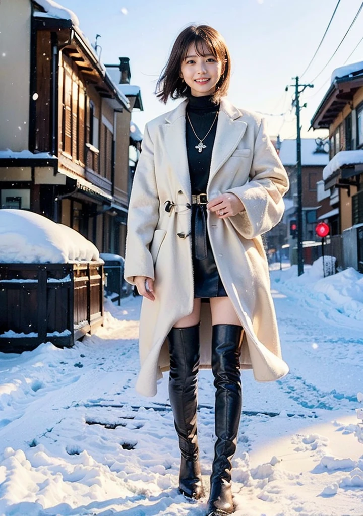 Photo from the waist up、Night city illumination shot、Cowgirl Shot、Fur coat、豪華なグレーのミンクのFur coat、Wear fine leather boots、Luxury Bags、Inner turtleneck、Silver necklace and small silver earrings Millionaire style:1.4))、Full body photo、smile、 Caustics、Highly detailed photos、Very beautiful woman 、Ample breasts、No makeup、(8K、RAW Photos、Highest quality、masterpiece:1.2)、(Realistic、Realistic)、1 Girl、((Medium Short Hair、Midwinter、Cold region Snow falling、The wind is blowing、Fluttering Hair、Blur the background、Colorful illuminations、Looking into the camera:1.4))、
