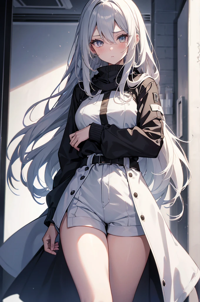 1girl, {Solitary}, Upper Body ,{{ {Watching at viewer}}}, Arms at your sides, Concept Art, white Background, simple Background, White hair, Silver gradient hair , Composite cloth, Asymmetrical clothes, Virtual YouTuber, best quality, masterpiece, Dynamic Angle, guilty gear, guilty gear, guilty gear, cowboy_shooting, Watching_Back, grab, girl,Miss,woman, young,20 years old, Very long hair, Hair Flip, Silver Hair, Flowing hair, Ahog, giggle, Beautiful and delicate golden eyes, teeth, Moderate_breast, Blonde eyes, White skin, coat, hoodie, Black_shorts, Gray clothes, transparent_Background, Backlighting, absurd, high resolution, Extremely detailed,sweater