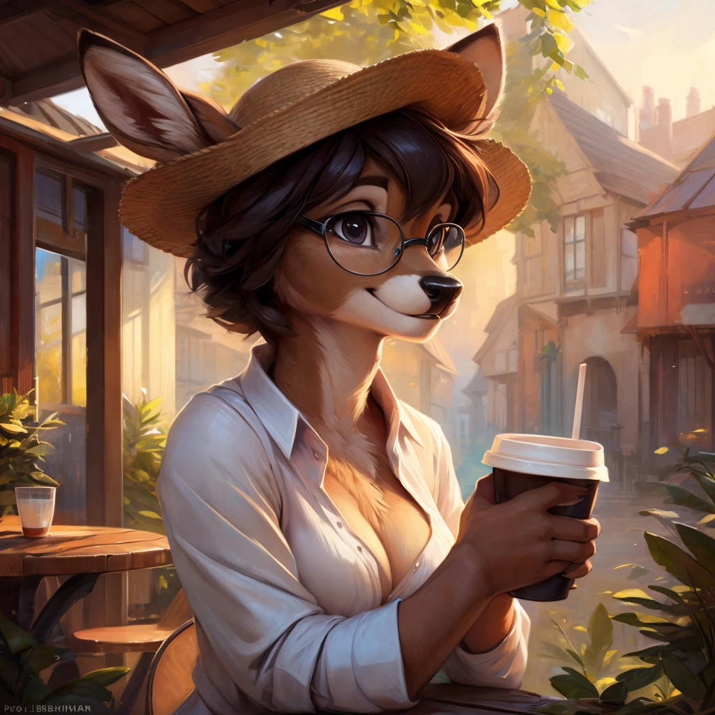 uploaded on e621, by Pixelsketcher, by Bayard Wu, by Thomas Benjamin Kennington , by Einshelm, by hioshiru and kenket, Chunie, portrait, solo anthro female deer doe, tiny featureless , tiny breasts dark blue, cinematic lighting, day, sunny day, sitting outside at a café, café background, french background, old french background, shiny, short curly dark brown hair, short hair, wears big black nerd very very beautiful furry art, furry art, thoughtful, shiny, feminine, cute face, muzzle, fluffy chest, flawless face, Fallow deer, 1girl, Sakimichan is beautiful, Masterpiece, Wavethesallow Face, shiny, Detailed image, portrait, Detailed image, portrait, wears pure white wide, big blouse, wears beige summer straw hat, shiny, realistic face, perfect anatomy, hourglass body, anthropomorphic deer, happy, very happy, small ears, huge black nerd glasses, wide happy eyes, look at viewer, smiles, big smile, holds big cup of coffee, hourglass body, (furry body:1.1), anthropomorphic deer, small fluffy tail, detailed background, (cute anatomy:1.1), looks into the distance
