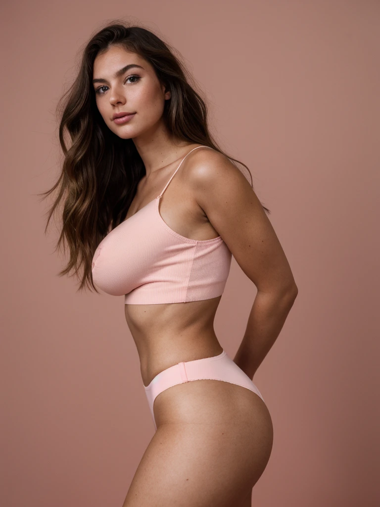 analog style, RAW photo, photography, hyper photorealistic, amateur photo shot of a woman with large breasts, ((large breasts)), big perfect ass, wearing underwear and croptop, long brown hair, photographed from back, turned head, soft natural raw light, pink background, highly detailed, best quality, ultra detailed, extremely detailed, photographed with iPhone, grain, noise