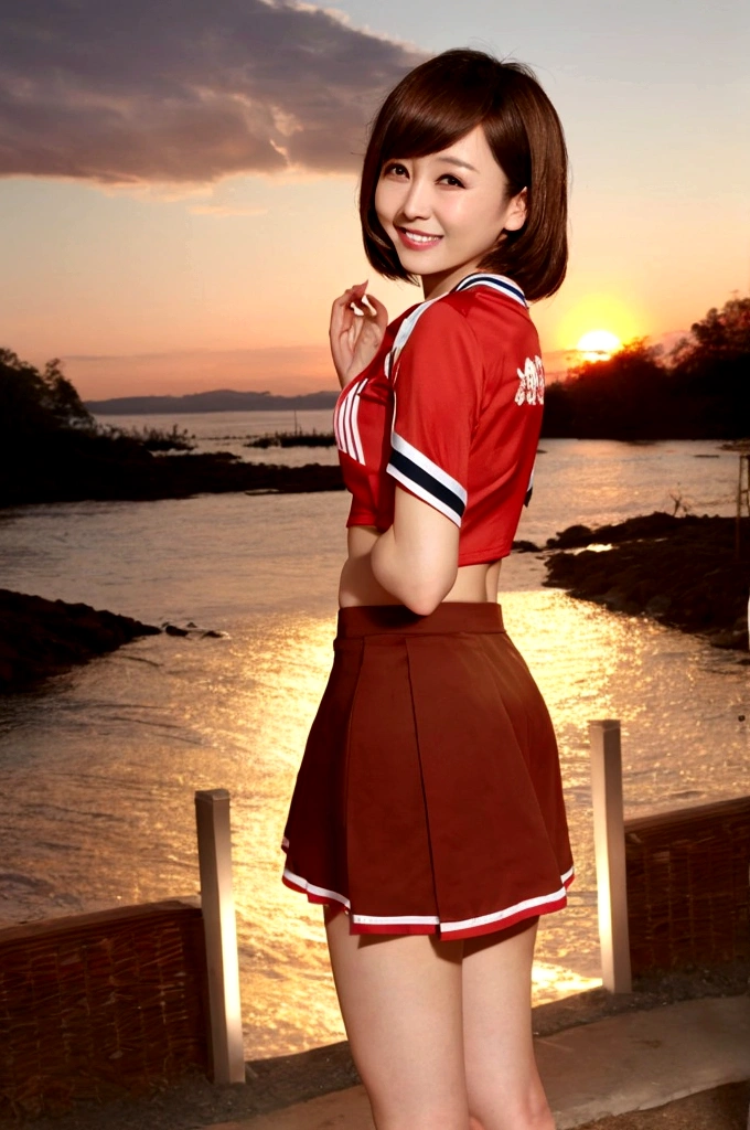 1woman, idol, short hair, brown hair, sunset、Cheerleader、Ultra mini skirt、Panties in full view、smile、Sticking out your ass