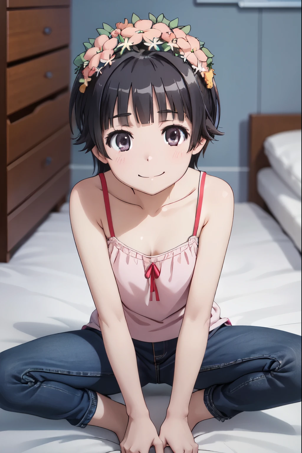 Uiharu Kazari, (Moe:1.10)、Very detailed、Uiharu Kazari 、sitting、In jeans、Shorts、pants、smile、Closed Mouth、Legs apart、hair ornaments、One Girl,Absolute reference to the center、4K,8K、camisole、skirt, Extremely detailed CG、High resolution、超High resolution, Perfect lighting, Extremely detailed CG、Physically Based Rendering(Genuine、Realisticな、Realistic)、(Anime illustration style:1.2)、(Spread your legs:1.3)