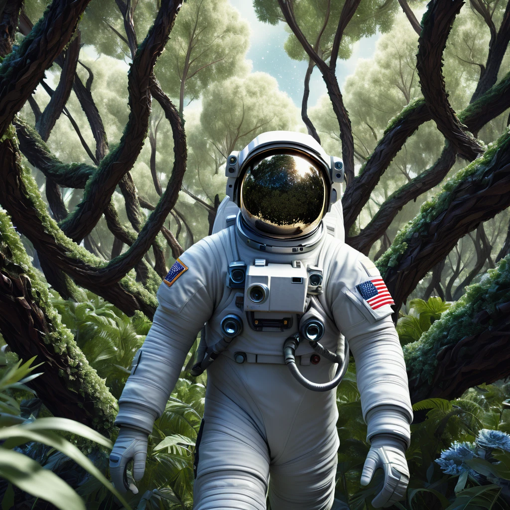 Create a portrait of astronaut walking through the bunch tress in an strange planet looks weird, realistic portrait, detailed cg.