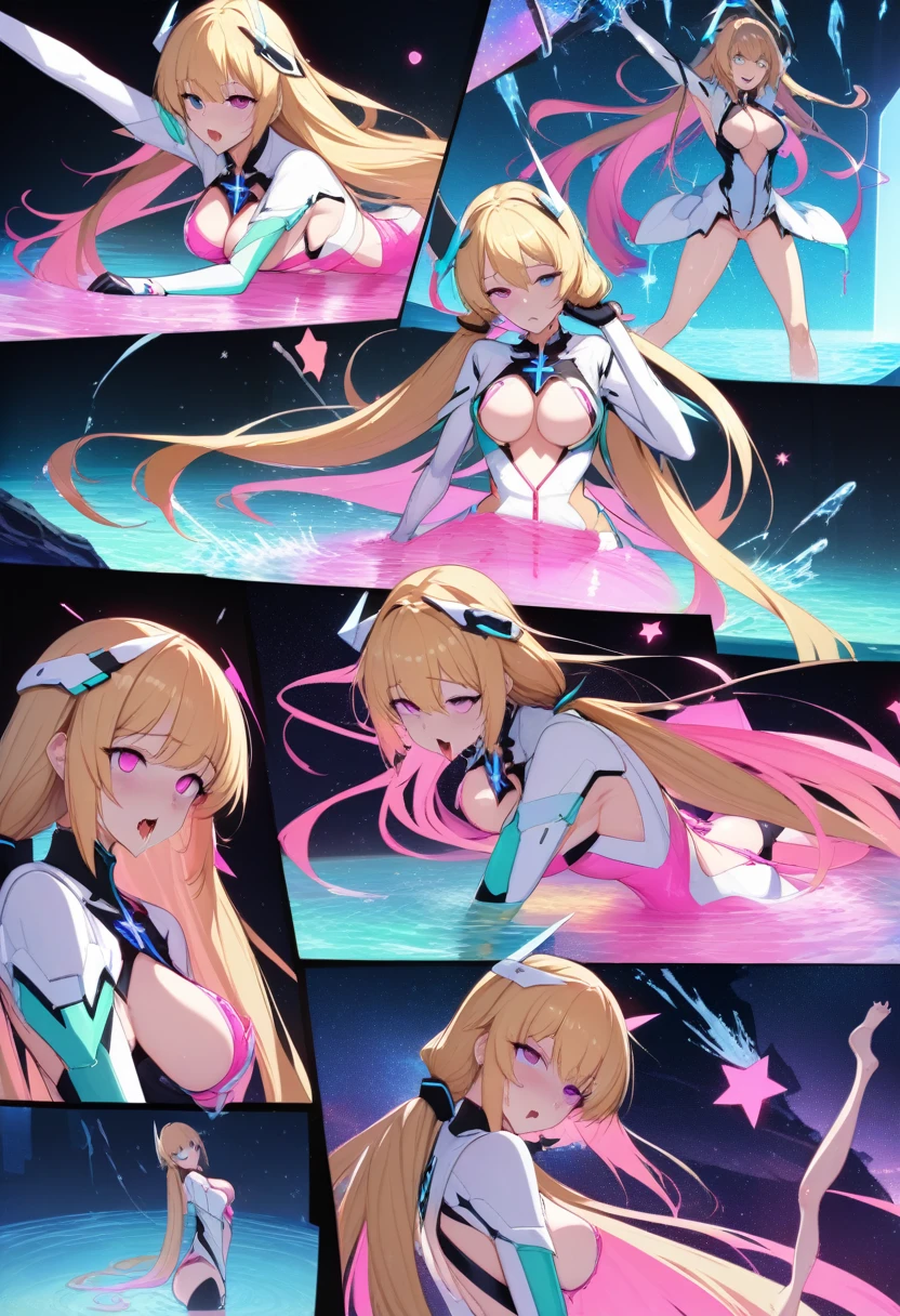 (masterpiece),(Highest quality),(Super detailed),(Best illustrations),(Best Shadow),(Absurd),(Detailed Background),(so beautiful), 16K, 8K,(Best illustrations),(Best Shadow), (so beautiful)angelabalzac, angelabalzac outfit, One person, alone, curby, , very long hair, , Blonde, , fluorescent pink eyes, expelled from paradise, , , Oculogyric crisis, low twintails, empty eyes, blank eyes, , , paw pose, Arched back, , , orgasm, afterglow, erotic smile, , Star-shaped hair fastening, headgear, Open your mouth languidly, , , , Sexy posture, dynamic pose, , cross-eyed, rolling eyes, , water eyes, , , , , , saliva trail, , shiny skin, , , , , torogao, ahegao, BREAK, , Dramatic lighting, Psychedelic Background, Clear liquid, , night, , , Torrent of Light, mysterious, spoken hearts,