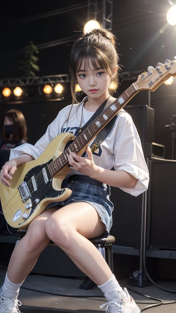 ((A beautiful girl playing an electric guitar on the outdoor stage at a school festival:1.2)), Daytime outdoor live performance, audience, Great success, (Table Top), (Highest quality, 8K, masterpiece:1.2, RAW Photos), (Realistic:1.2), Japanese, (14 year old beautiful girl:1.2, Baby Face:1.5, Idol's face:1.3), Stand with your feet apart, Thin thighs, Knee-high, (Cute tank top and mini pleated skirt:1.2, Panty shot:1.3), (Beautiful breasts:1.2, Fascinating Cleavage:1.3), Silky beautiful hair, Short pigtails, ((Detailed eyes and face:1.2, Professional photography techniques, Stage lighting)), (Detailed hands, A girl's small and beautiful hands:1.2),