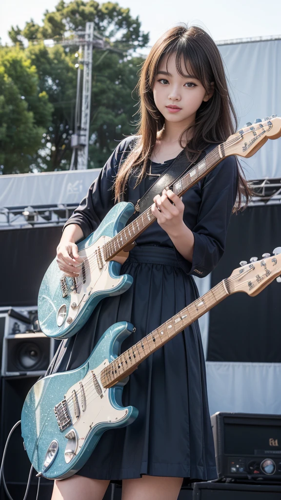 ((A beautiful girl playing an electric guitar on the outdoor stage at a school festival:1.2)), Daytime outdoor live performance, audience, Great success, (Table Top), (Highest quality, 8K, masterpiece:1.2, RAW Photos), (Realistic:1.2), Japanese, ( beautiful girl:1.2, Baby Face:1#39;s face:1.3), Stand with your feet apart, Thin thighs, Knee-high, (Cute tank top and mini pleated skirt:1.2, Panty shot:1.3), (Beautiful breasts:1.2, Fascinating Cleavage:1.3), Silky beautiful hair, Short pigtails, ((Detailed eyes and face:1.2, Professional photography techniques, Stage lighting)), (Detailed hands, A girl's small and beautiful hands:1.2),