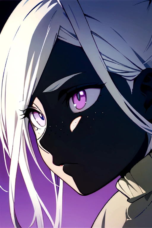 masterpiece, best quality, official art, extremely detailed 8k wallpaper, highly detailed, illustration,white hair, girl with black skin, short white hair, lilac eyes, freckles on her face, and a , had a tomboy style