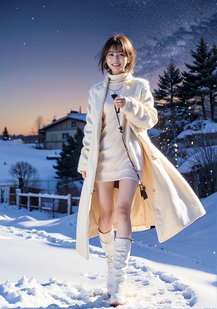snow、、Night city illumination shot、Cowgirl Shot、Fur coat、豪華なグレーのミンクのFur coat、Wear fine leather boots、Luxury Bags、Inner turtleneck、Silver necklace and small silver earrings Millionaire style:1.4))、Full body photo、smile、 Caustics、Highly detailed photos、Very beautiful woman 、Ample breasts、No makeup、(8K、RAW Photos、Highest quality、masterpiece:1.2)、(Realistic、Realistic)、1 Girl、((Medium Short Hair、Midwinter、寒冷地 snowが降る、The wind is blowing、Fluttering Hair、Blur the background、Colorful illuminations、Looking into the camera:1.4))、