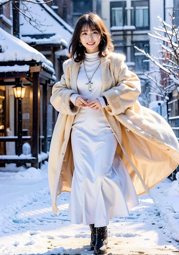 snow、、Night city illumination shot、Cowgirl Shot、Fur coat、豪華なグレーのミンクのFur coat、Wear fine leather boots、Luxury Bags、Inner turtleneck、Silver necklace and small silver earrings Millionaire style:1.4))、Full body photo、smile、 Caustics、Highly detailed photos、Very beautiful woman 、Ample breasts、No makeup、(8K、RAW Photos、Highest quality、masterpiece:1.2)、(Realistic、Realistic)、1 Girl、((Medium Short Hair、Midwinter、寒冷地 snowが降る、The wind is blowing、Fluttering Hair、Blur the background、Colorful illuminations、Looking into the camera:1.4))、