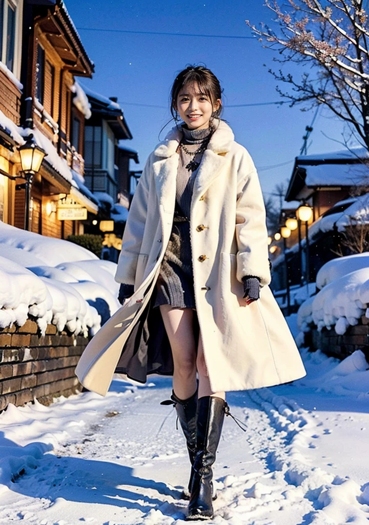 Photo from the waist up、Night city illumination shot、Cowgirl Shot、Fur coat、豪華なグレーのミンクのFur coat、Wear fine leather boots、Luxury Bags、Inner turtleneck、Silver necklace and small silver earrings Millionaire style:1.4))、Full body photo、smile、 Caustics、Highly detailed photos、Very beautiful woman 、Ample breasts、No makeup、(8K、RAW Photos、Highest quality、masterpiece:1.2)、(Realistic、Realistic)、1 Girl、((Medium Short Hair、Midwinter、Cold region Snow falling、The wind is blowing、Fluttering Hair、Blur the background、Colorful illuminations、Looking into the camera:1.4))、