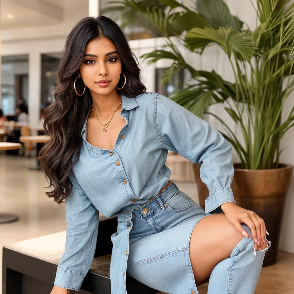 Create an ultra-realistic image of a modern, attractive female influencer of Indian descent, aged between 27 to 30. She should have a warm and inviting smile, expressive almond-shaped eyes with a slight shimmer, and clear, glowing skin with a medium brown complexion. Her features should be well-defined, with high cheekbones and a sharp jawline. Her hair should be long, thick, and wavy, with a natural shine and bounce, styled in a messy bun with a few strands framing her face. The hair should be dark brown with subtle golden highlights. She should have a slender yet athletic build, reflecting a healthy and active lifestyle, with a medium bust size (34-36 inches) that is balanced and proportionate. She is wearing a trendy kurta with jeans and a pair of juttis that complement her curves. Her outfit is completed with stylish black heeled sandals that add elegance to her look. She accessorizes with subtle yet chic jewelry, such as small hoop earrings and a few thin bangles. Her eyes should be bright light blue, creating a striking contrast. The background should be vibrant, featuring trendy coffee shops or cafes, suggesting a cosmopolitan lifestyle. Her overall appearance should exude confidence, approachability, and sophistication, capturing the essence of a contemporary Indian fashion influencer.