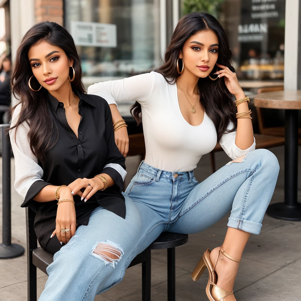 Create an ultra-realistic image of a modern, attractive female influencer of Indian descent, aged between 27 to 30. She should have a warm and inviting smile, expressive almond-shaped eyes with a slight shimmer, and clear, glowing skin with a medium brown complexion. Her features should be well-defined, with high cheekbones and a sharp jawline. Her hair should be long, thick, and wavy, with a natural shine and bounce, styled in a messy bun with a few strands framing her face. The hair should be dark brown with subtle golden highlights. She should have a slender yet athletic build, reflecting a healthy and active lifestyle, with a medium bust size (34-36 inches) that is balanced and proportionate. She is wearing a trendy kurta with jeans and a pair of juttis that complement her curves. Her outfit is completed with stylish black heeled sandals that add elegance to her look. She accessorizes with subtle yet chic jewelry, such as small hoop earrings and a few thin bangles. Her eyes should be bright light blue, creating a striking contrast. The background should be vibrant, featuring trendy coffee shops or cafes, suggesting a cosmopolitan lifestyle. Her overall appearance should exude confidence, approachability, and sophistication, capturing the essence of a contemporary Indian fashion influencer.