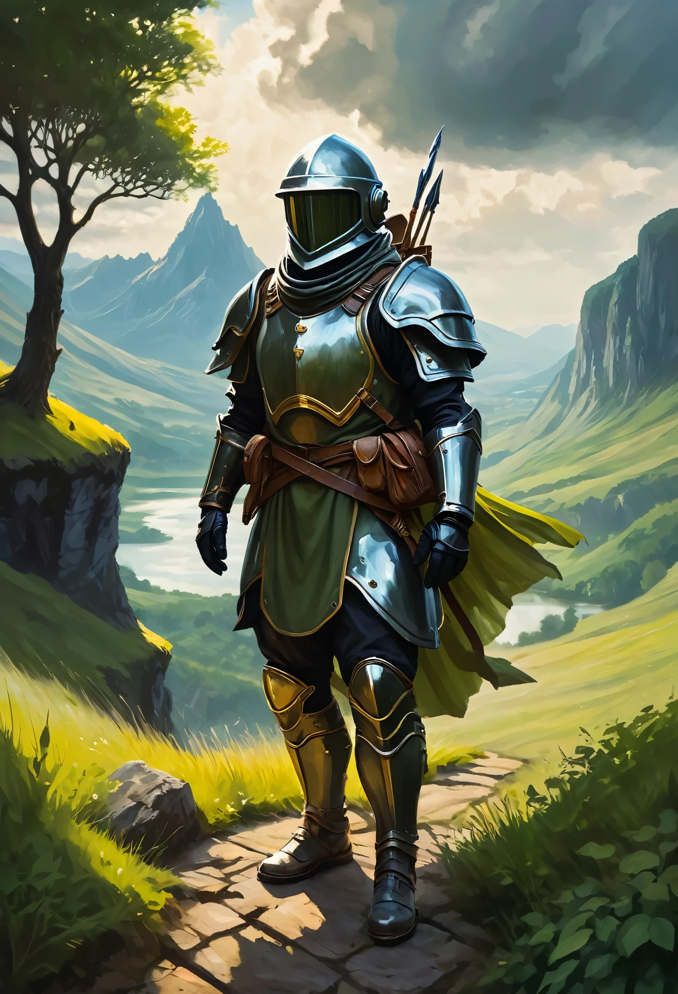 an acrylic painting of a special force suit nondescript soldier, helmet hides any indistinguishable features, carries a billowing cloak, medieval d&d art, game concept art, crossbow, artificer,magic, in the background there is majestic landscapes, immersive atmospheres, epic vistas, lush environments, intense ambiance, haunting beauty and enthralling cinematics
