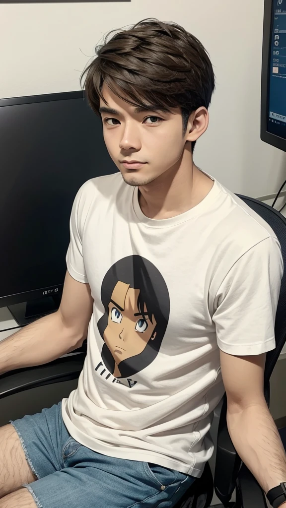 18 years older man wearing T-shirt cartoon anime image sitting on computer chair