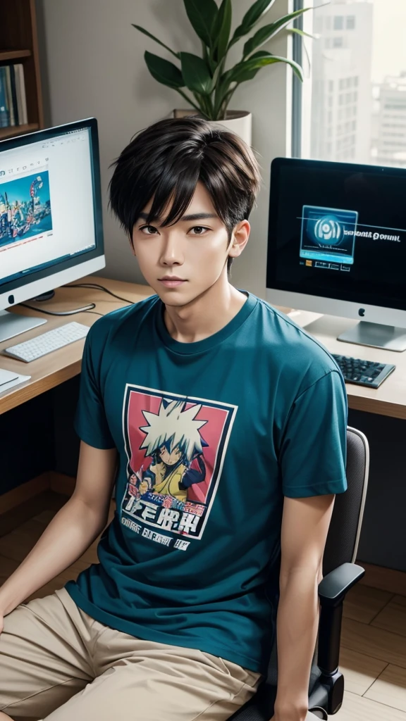 18 years older man wearing T-shirt cartoon anime image sitting on computer chair
