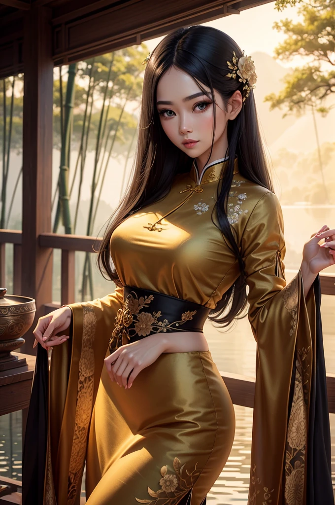 1girl, beautiful detailed eyes, beautiful detailed lips, extremely detailed face and features, long eyelashes, seductive gaze, delicate facial features, porcelain skin, slender figure, elegant cheongsam dress, flowing long black hair, intricate embroidery, traditional oriental landscape, tranquil lake, lush bamboo forest, golden sunset, dramatic lighting, cinematic composition, highly detailed, photorealistic, masterpiece