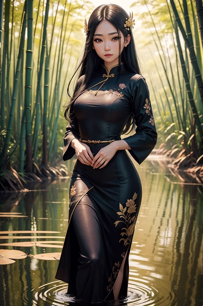 1girl, beautiful detailed eyes, beautiful detailed lips, extremely detailed face and features, long eyelashes, seductive gaze, delicate facial features, porcelain skin, slender figure, elegant cheongsam dress, flowing long black hair, intricate embroidery, traditional oriental landscape, tranquil lake, lush bamboo forest, golden sunset, dramatic lighting, cinematic composition, highly detailed, photorealistic, masterpiece