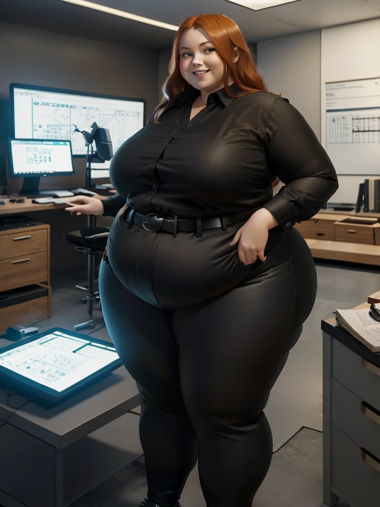 An happy and excited photo of a Beautiful ginger architect SSBBW, with long wavy light Brownish-ginger hair, with big soft fat belly, thicc fat arms, thicc wide legs, big breast, in long gray pants, long black shirt tucked in her pants, black belt, in her new modern architect office with a lot of building models and house blueprints, building blueprints on walls, huge window