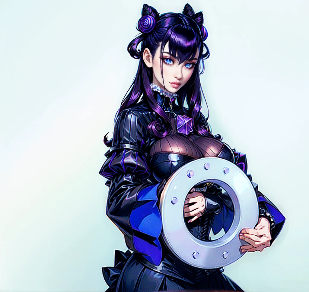 1girl,murasakishikibu, murasaki shikibu, brown hair, (purple eyes:1.1), long hair, big breast, BREAK black dress, dress,, frills, juliet sleeves, long sleeves, puff and slash sleeves, puffy sleeves, purple gemstone, sleeves past wrists, wide sleeves, cone hair bun, double bun, hair bun, hair ornament, long hair, two side up,BREAK (masterpiece:1.2),(beautiful detailed eyes:1.6), extremely detailed face, perfect lighting, extremely detailed CG, (perfect hands, perfect anatomy), sitting in a Car an Drive a car, holds a steering wheel with both hands