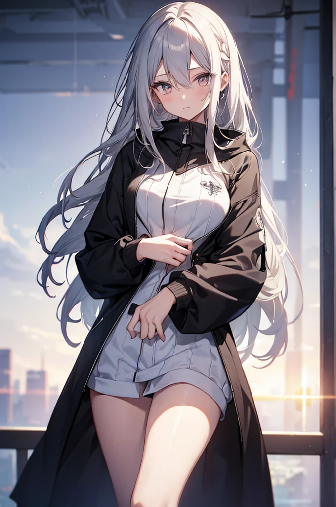 1girl, {Solitary}, Upper Body ,{{ {Watching at viewer}}}, Arms at your sides, Concept Art, white Background, simple Background, White hair, Silver gradient hair , Composite cloth, Asymmetrical clothes, Virtual YouTuber, best quality, masterpiece, Dynamic Angle, guilty gear, guilty gear, guilty gear, cowboy_shooting, Watching_Back, grab, girl,Miss,woman, young,20 years old, Very long hair, Hair Flip, Silver Hair, Flowing hair, Ahog, giggle, Beautiful and delicate golden eyes, teeth, Moderate_breast, Blonde eyes, White skin, coat, hoodie, Black_shorts, Gray clothes, transparent_Background, Backlighting, absurd, high resolution, Extremely detailed,sweater