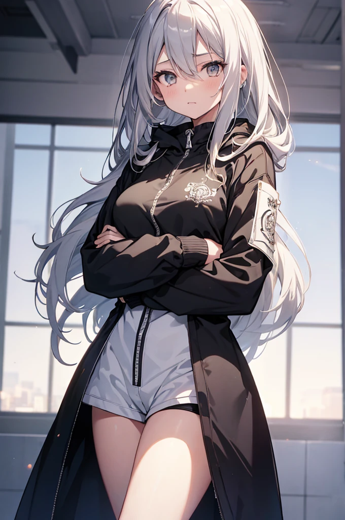 1girl, {Solitary}, Upper Body ,{{ {Watching at viewer}}}, Arms at your sides, Concept Art, white Background, simple Background, White hair, Silver gradient hair , Composite cloth, Asymmetrical clothes, Virtual YouTuber, best quality, masterpiece, Dynamic Angle, guilty gear, guilty gear, guilty gear, cowboy_shooting, Watching_Back, grab, girl,Miss,woman, young,20 years old, Very long hair, Hair Flip, Silver Hair, Flowing hair, Ahog, giggle, Beautiful and delicate golden eyes, teeth, Moderate_breast, Blonde eyes, White skin, coat, hoodie, Black_shorts, Gray clothes, transparent_Background, Backlighting, absurd, high resolution, Extremely detailed,sweater
