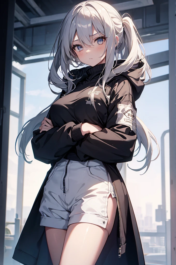 1girl, {Solitary}, Upper Body ,{{ {Watching at viewer}}}, Arms at your sides, Concept Art, white Background, simple Background, White hair, Silver gradient hair , Composite cloth, Asymmetrical clothes, Virtual YouTuber, best quality, masterpiece, Dynamic Angle, guilty gear, guilty gear, guilty gear, cowboy_shooting, Watching_Back, grab, girl,Miss,woman, young,20 years old, Very long hair, Hair Flip, Silver Hair, Flowing hair, Ahog, giggle, Beautiful and delicate golden eyes, teeth, Moderate_breast, Blonde eyes, White skin, coat, hoodie, Black_shorts, Gray clothes, transparent_Background, Backlighting, absurd, high resolution, Extremely detailed,sweater