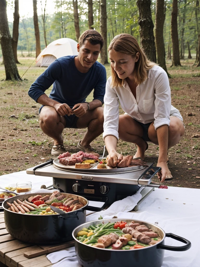 outdoor cooking meats camping bbq with beautiful white shirt female in the forest on snow next to the river
