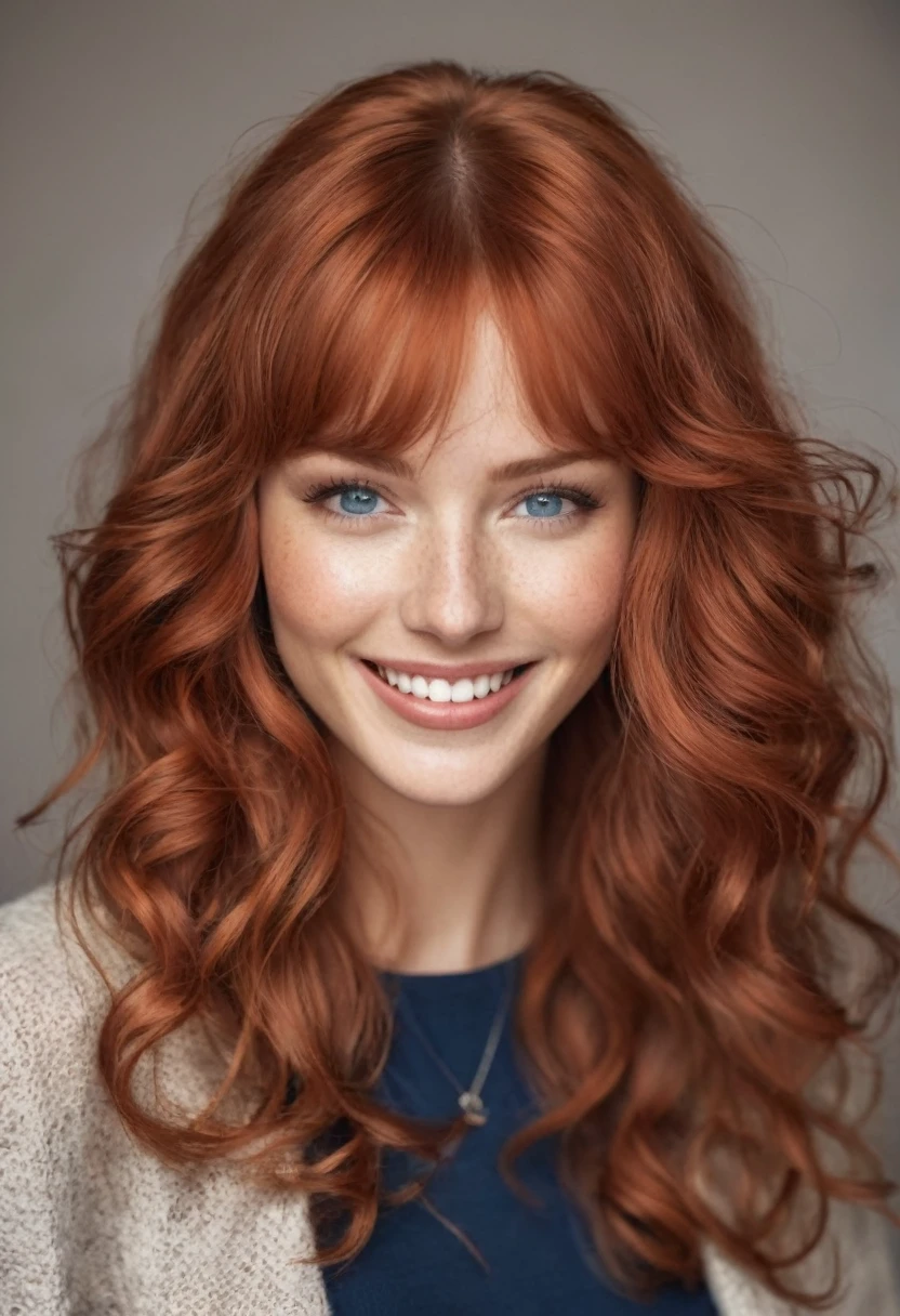 a high model, with long wavy red hair at the end and bangs, reddish mouth and cheeks, avec un sourire timide montrant ses dents et ses taches de rousseur, aux yeux bleu clair. I want that&#39;she wears a long white skirt and a red top, assise dans un restaurant à Paris avec la Tour Eifel derrière elle.. Elle a une forme mince et une  poitrine