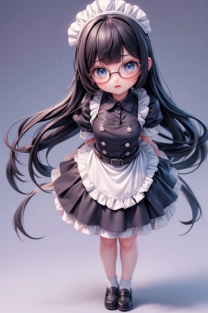 Clean background、Stand upright and symmetrically, Show Viewer,1 female,Black Hair, ,,Good style,,(look forward to)(((Blushing、Surprised expression)),Frameless Glasses,blue eyes,(((Evenly space your bangs)))Full body image、look forward toいる、Stand upright and symmetrically,Show Viewer,Full Body Shot, Wide-angle,Maid服、Maid、evil,overhead shot
