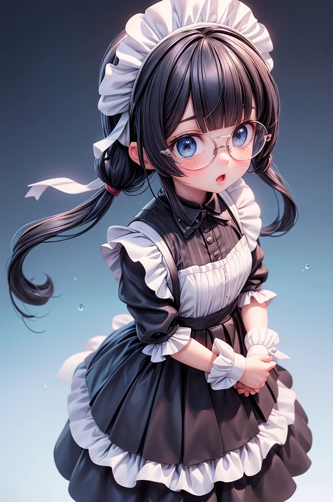 Clean background、Stand upright and symmetrically, Show Viewer,1 female,Black Hair, ,,Good style,,(look forward to)(((Blushing、Surprised expression)),Frameless Glasses,blue eyes,(((Evenly space your bangs)))Full body image、look forward toいる、Stand upright and symmetrically,Show Viewer,Full Body Shot, Wide-angle,Maid服、Maid、evil,overhead shot
