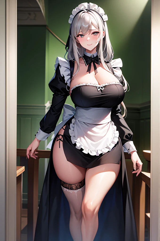 1 woman, maid, adult, tall, mature, age around 25 years old, mature adult body, masterpiece, 8K, high resolution, long hair, gray white hair, straight hair with curled ends, high resolution, ultra clear , 8K, slightly mature face, light smile, courteous professional smile, chiseled chin, thin chin, perfect chin, chin well proportioned to the body, perfect, detailed face, extremely feminine face, brown eyes, detailed (almost realistic) eyes, big eyes , eyes with good anatomy, well-proportioned eyes, masterpiece, looking at the viewer, human, pose with hands in front, standing at attention, delicate hands, perfect hands, well-aligned hands, well-developed thighs, well-proportioned thighs to the body, above average breasts, sexy cleavage, breasts showing, nipples showing, erect waist, perfect waist, not too thin waist, well proportioned (aligned) waist, natural hips, butt above average, firm butt, curvy butt, butt well proportioned to the body, wear a French maid costume, full costume, costume without showing too much skin (body), maid costume with ruffles, wide skirt below the knees, black ruffles, white maid headdress, black maid apron, ruffles, unconventional maid, stockings, high heels, high tops, blush, garter belt, scene in a bedroom, in front of a window, looking at the dawn,
