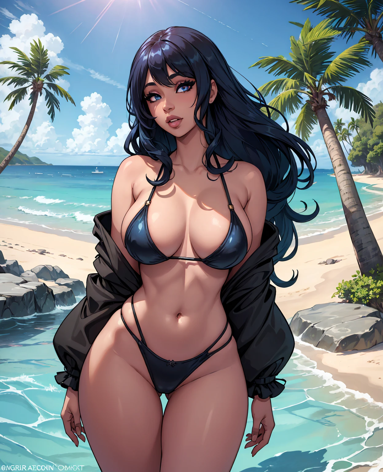 a sexy Cardi B, beautiful detailed eyes, beautiful detailed lips, extremely detailed eyes and face, long eyelashes, black and blue hair, posing on a tropical beach, ocean waves, golden sand, palm trees, sun rays, photorealistic, 8K, HDR, ultra-detailed, vivid colors, cinematic lighting
