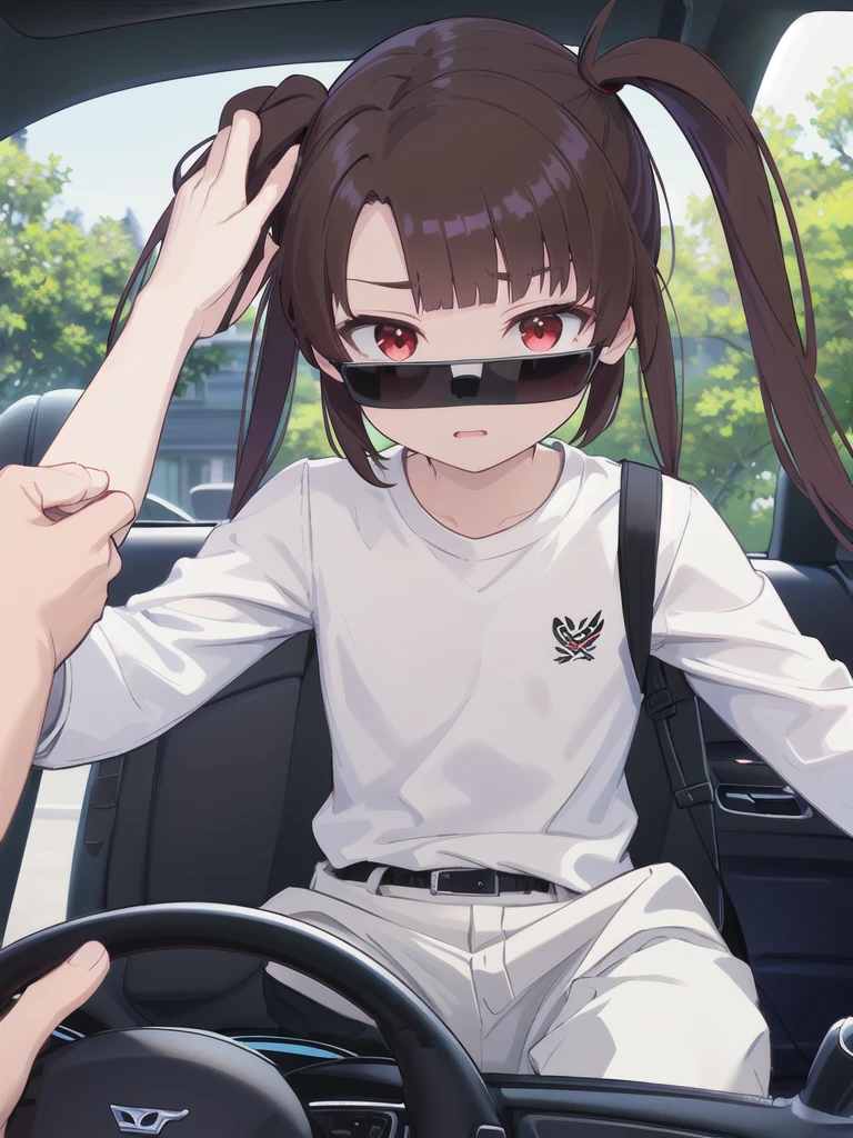In the car,Convertible,Sitting,((Behind the wheel of a car)),Looking Ahead,driving,1 Girl, 独奏, Red eyes,((Wearing black sunglasses)),, Twin tails, brown hair,crawling,((顔 focus)),upper body,Black long sleeve shirt,White slacks, bangs, eyebrows visible through hair, Flat Chest,