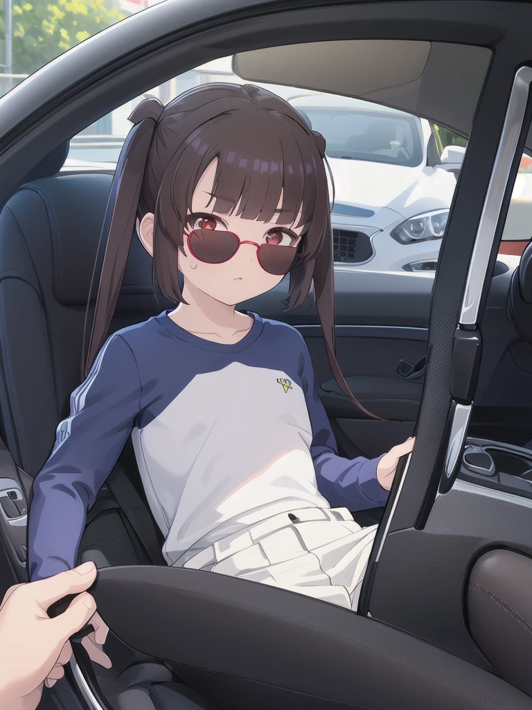 In the car,Convertible,Sitting,((Behind the wheel of a car)),Looking Ahead,driving,1 Girl, 独奏, Red eyes,((Wearing black sunglasses)),, Twin tails, brown hair,crawling,((顔 focus)),upper body,Black long sleeve shirt,White slacks, bangs, eyebrows visible through hair, Flat Chest,