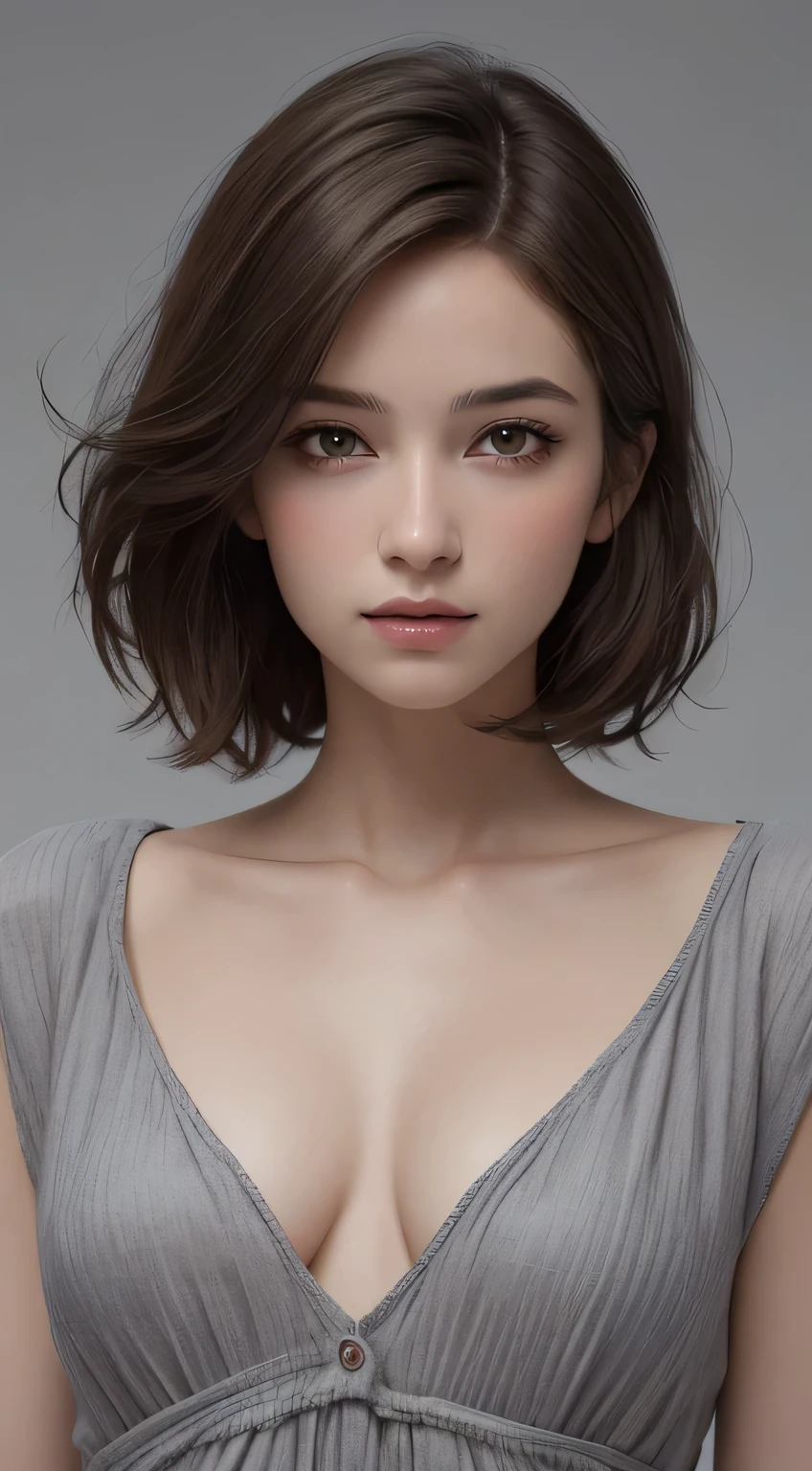 (photograph:1.2)、(photorealistic:1.3)、(masterpiece:1.3)、(Highest image quality:1.4)、ultra high resolution、(detailed eyes)、(detailed facial features)、(Detailed garment features)、8K resolution、solo focus、30 year old mature woman、small face、no makeup、Detailed beautiful eyes、bangs、dark brown hair、short cut hair、(realistic skin)、beautiful skin、charming、ultra high resolution、Super realistic、High definition、Camisa branca aberta,middlebre、small breasts、bust B cup、small breasts、cool beauty、Gray background、cinematic lighting、perfect、soft light、High resolution skin:1.2、realistic skin texture、25 years old mature woman、small face、no makeup、Bust B Cup、Detailed beautiful brown eyes、short hair、dark brown hair、Cool beauty、gray background