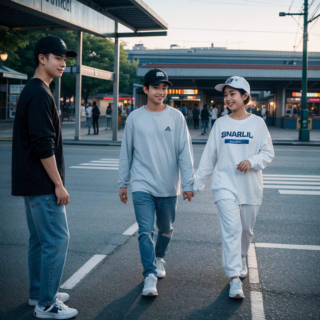 A young Asian man with short hair and an oval face, wearing a baseball cap and white sneakers, stands enjoying the evening scenery at a train station. He is accompanied by a chubby Asian woman wearing a hijab, long-sleeved white couple t-shirt, light blue street jeans, and white sneakers, with her head leaning on the man's shoulder, smiling. The photo is taken from the side, very realistic, captured by a Nikon 5200 camera, in the highest resolution, 8K UHD.
