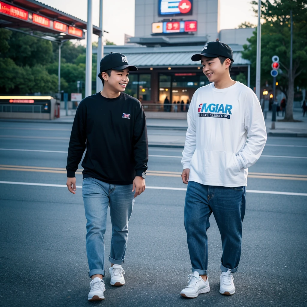 A young Asian man with short hair and an oval face, wearing a baseball cap and white sneakers, stands enjoying the evening scenery at a train station. He is accompanied by a chubby Asian woman wearing a hijab, long-sleeved white couple t-shirt, light blue street jeans, and white sneakers, with her head leaning on the man's shoulder, smiling. The photo is taken from the side, very realistic, captured by a Nikon 5200 camera, in the highest resolution, 8K UHD.