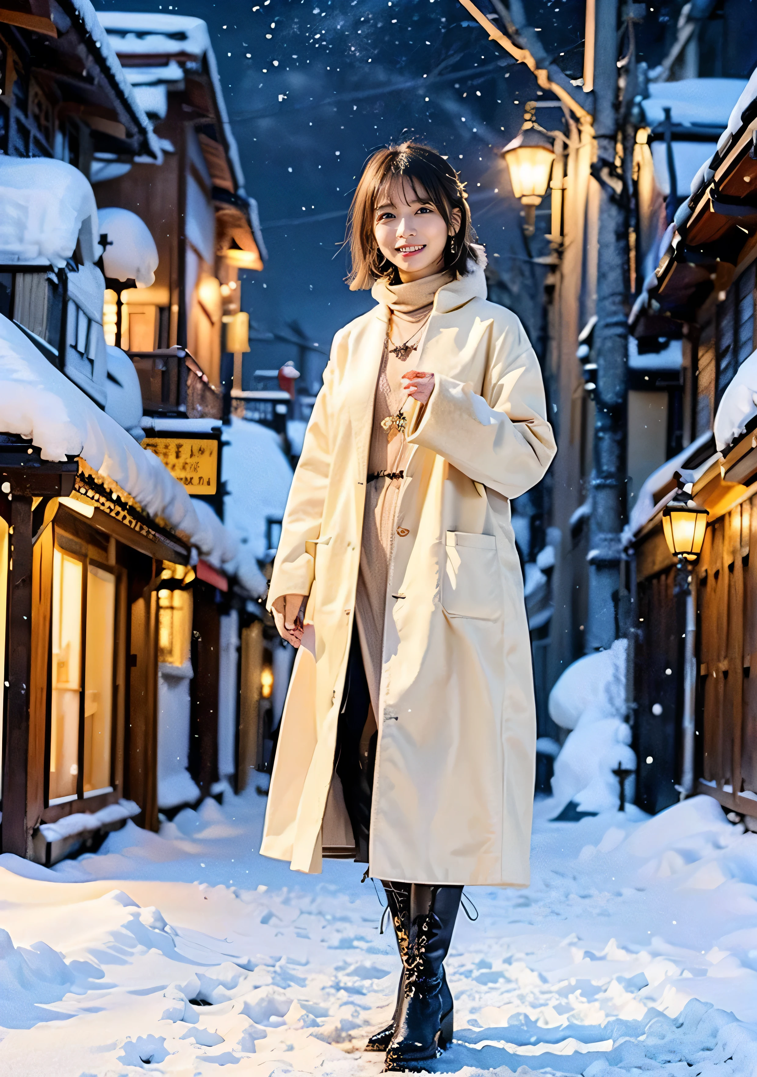 Photo from the waist up、Night city illumination shot、Cowgirl Shot、Fur coat、Luxurious grey mink fur coat、Wear fine leather boots、Luxury Bags、Inner turtleneck、Silver necklace and small silver earrings Millionaire style:1.4))、Full body photo、smile、 Caustics、Highly detailed photos、Very beautiful woman 、Ample breasts、No makeup、(8K、RAW Photos、Highest quality、masterpiece:1.2)、(Realistic、Realistic)、1 Girl、((Medium Short Hair、Midwinter、Cold region Snow falling、The wind is blowing、Fluttering Hair、Blur the background、Colorful illuminations、Looking into the camera:1.4))、