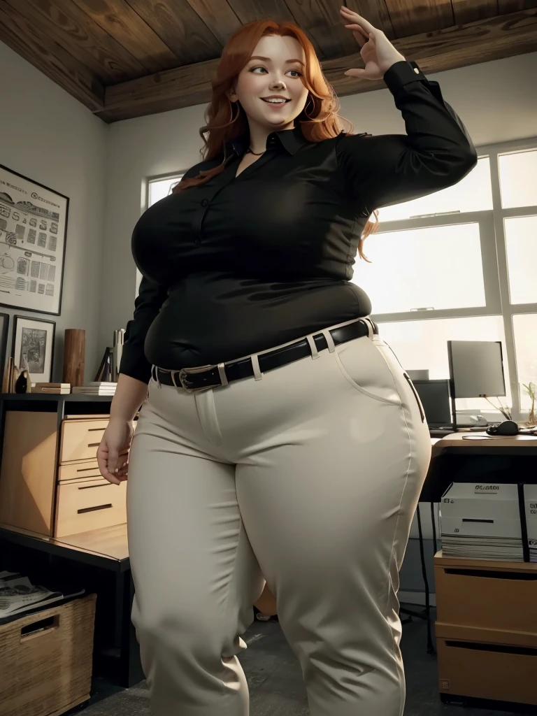 An happy and excited photo of a Beautiful ginger architect BBW, with long wavy light Brownish-ginger hair, with big soft fat belly, thicc fat arms, thicc wide legs, big breast, in black pants, long black shirt tucked in her pants, black belt and black blouse in her new modern architect office with building models and blueprints, in the evening