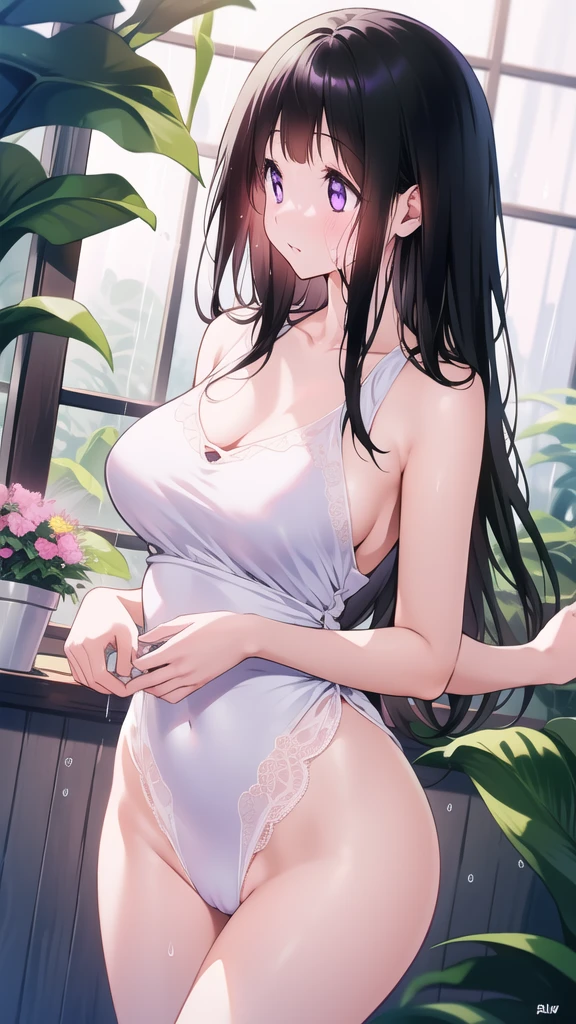 Chitanda,只有一个beautiful girl,Purple Eyes, Black Hair, Natural straight hair, Straight bangs,Extremely refined,open your lips,Face is so red,Very white skin,Skin as delicate as porcelain,Glowing skin,big eyes,Flowing long hair,beautiful girl, Like a dream,Slim,Slim waist,Soft, (Sensual), (Kawaii), Dream quality,Sweaty and sweaty,Wet skin,Side breasts,it is raining,Planting flowers in a greenhouse,White transparent dress,Profile,(Completely naked),Gluteal groove,The outline of the breasts is visible through clothing,Completely naked的背部,nacked hip,very close,Deep V neckline,Loose neckline,Beautiful big breasts,No pants,nopan,no pants,Bare shoulders,There are no shoulder straps,Exposed collarbone,Delicate clavicle,Delicate hands and feet,Bare neck,There are no clothes around the neck,Bare thighs,Exposed groin,Camel toe,extremely shy,Ultra-high resolution, (masterpiece:1.2, best quality), (Delicate and beautiful eyes: 1.2), (Beautiful and delicate face)